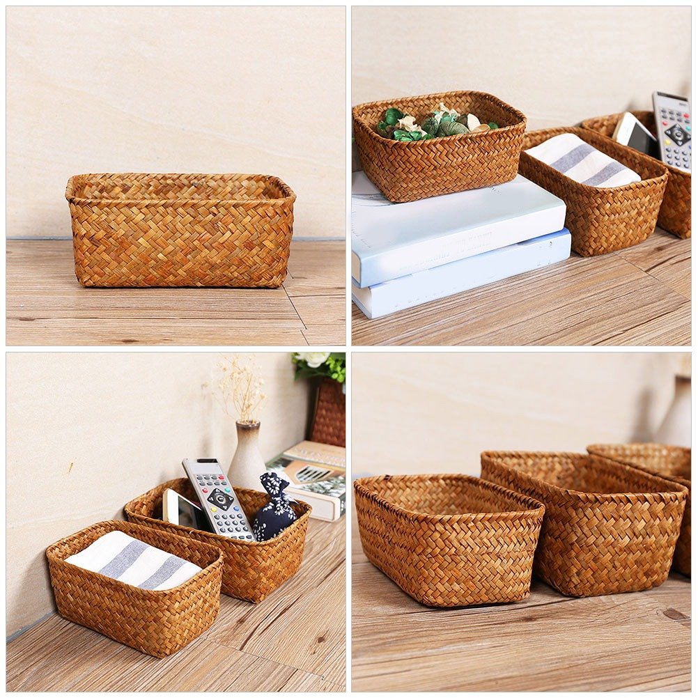 Natural Seagrass Woven Basket for Home Use Brown Lightweight Storage Box Perfect for Desktop Organization 12.5 x 8.5 x 6 inches